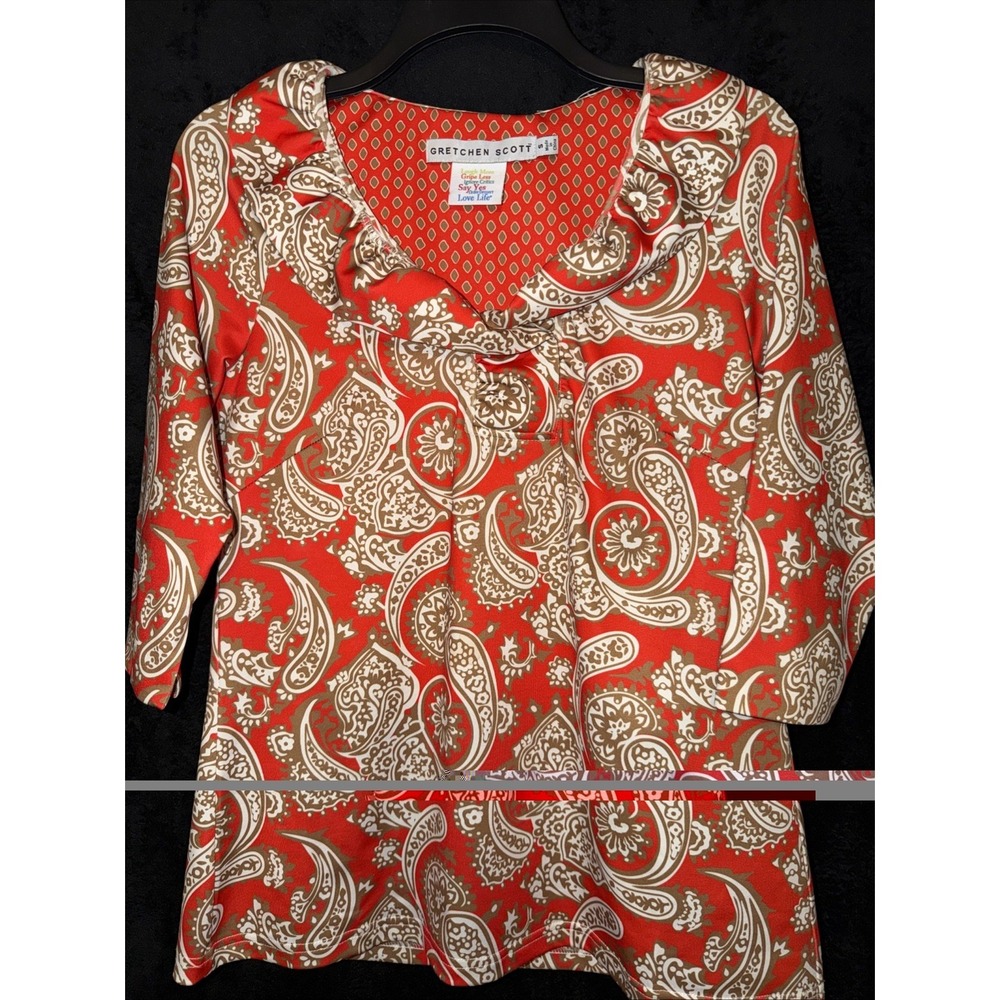 Gretchen Scott Top Womens Small Ruffle Neck 3/4 Sleeve Orange Tan Stretch Blouse